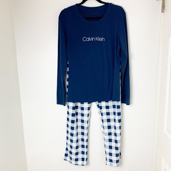 Calvin Klein fleece pj lounge set blue white pants lone sleeve graphic shirt M - Picture 1 of 8